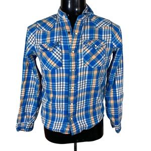 Hollister Blue and Tan Plaid Casual Button Down Shirt